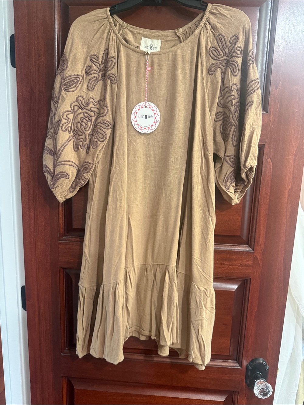 Umgee Tan Embroidered Puff Sleeve Mini Dress